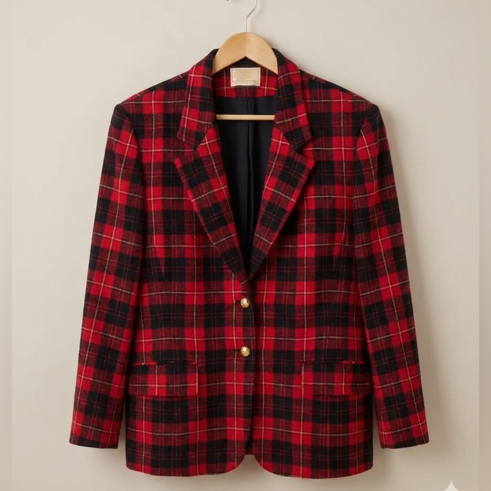 Vintage Pendleton 100% Wool‎ Red Black Plaid Holiday Blazer Women's Size 14